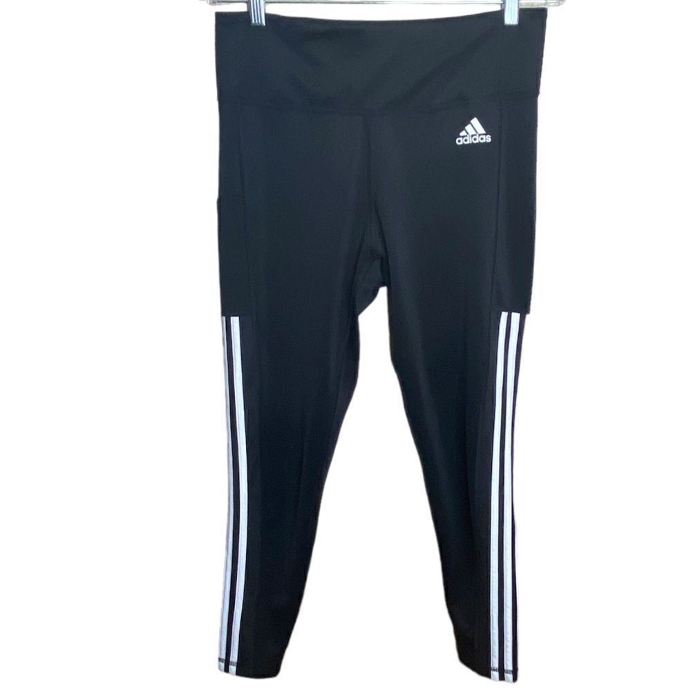 Adidas Primegreen Wm’s Sz Lg Black Yoga Workout Athletic 3 Stripe Capri Leggings